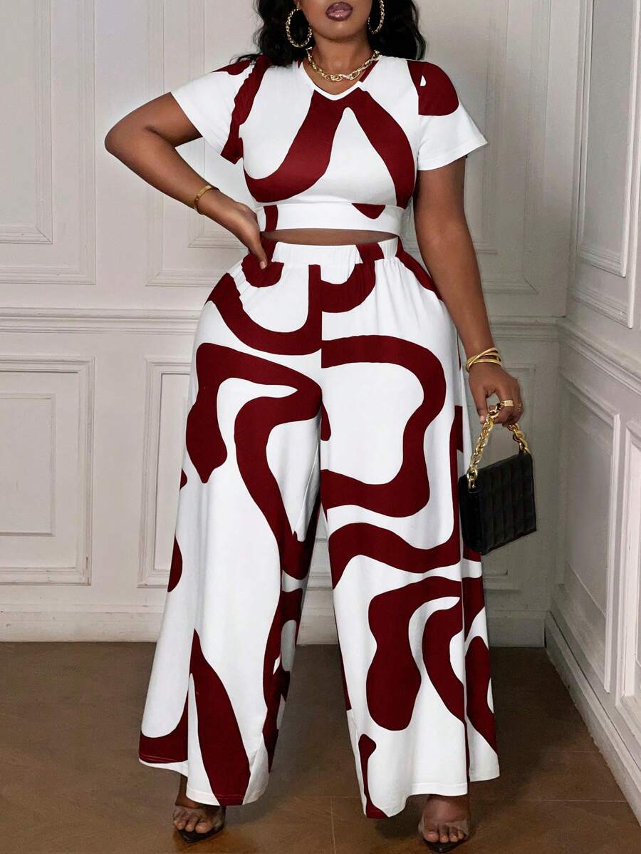 Slaydiva Ensemble tee-shirt à manches courtes imprimé et pantalon large pour femme en grandes tailles - Rouge foncé - Voir 1