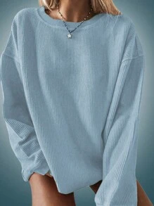 INAWLY Plus Size Women's Solid Color Round Neck Drop Shoulder Long Sleeve Sweatshirt Pullover Fall - Dusty Blue - View 1