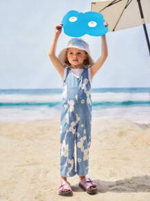 青少女假日休閒可愛花卉印花連身褲，配有蝴蝶結細節和寬腿牛仔褲 - 中等水洗藍 - 查看 3