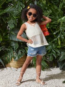 SHEIN Young Girl Knitted Solid Color Hollow Out Fringed Tank Top, Perfect For Summer Vacation - Apricot - View 5