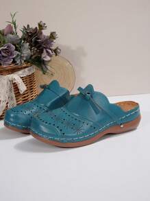 Women's Plus Size Bowknot Closed Toe Slippers, Brown, Wedge Heel And Platform Sandals