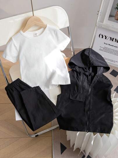 SHEIN 3pcs Young Boys' Casual Vest, Round Neck Short Sleeve T-Shirt And Shorts Set, Suitable For Daily Wear, School, Travel, Outdoor Activities, Spring And Summer Seasons