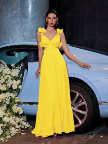 Váy dạ hội trễ vai in hoa, viền bèo nhún, dây chéo bằng vải chiffon có khóa kéo ẩn phía sau, váy dự tiệc cưới trang trọng thanh lịch, tốt nghiệp, váy dự tiệc tối - Màu vàng - Xem 2