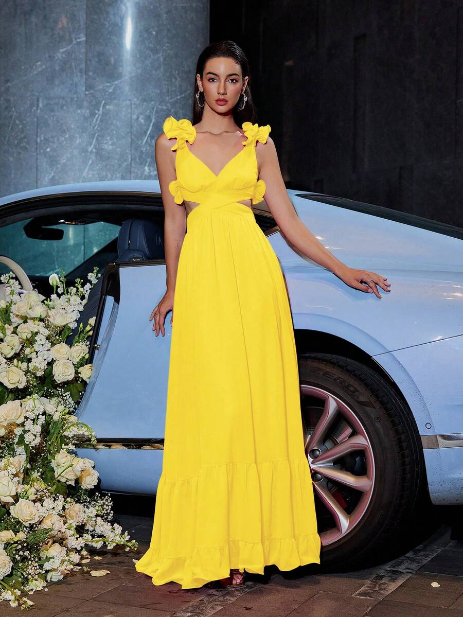 Váy dạ hội trễ vai in hoa, viền bèo nhún, dây chéo bằng vải chiffon có khóa kéo ẩn phía sau, váy dự tiệc cưới trang trọng thanh lịch, tốt nghiệp, váy dự tiệc tối