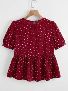 SHEIN VCAY Heart Print Puff Sleeve Peplum Top