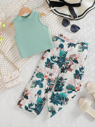 SHEIN Young Girls' Beach Vacation Summer/Fall Outfits: Loose Fit Cap Sleeve Top & Elastic Waist Straight Wide Leg Pants Two Pieces Set, Suitable For Travel, Summer Summer Holiday