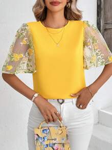 SHEIN Clasi Elegant Ladies' Yellow Embroidered Patchwork Ruffle Sleeve Blouse