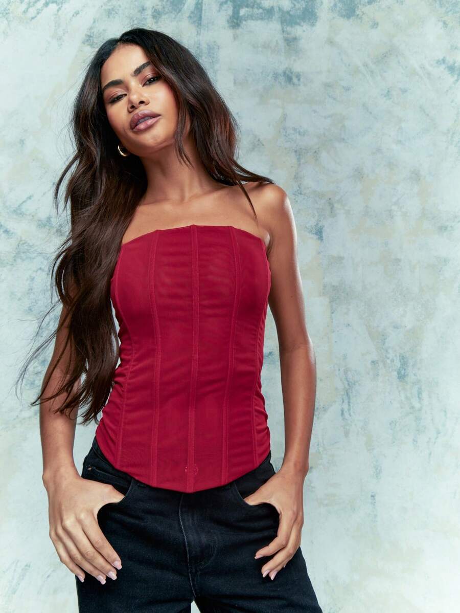 MISSGUIDED 圣诞节主题网状束身胸衣抹胸上衣 - 紅色 - 查看 1