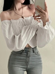 DAZY Women's Solid Color Square Neckline Long Sleeve Shirt With Chest Ruching Detail, Summer,Ruffle Babydoll Top - White - View 4