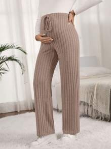 SHEIN Maternity Solid Color Ribbed Knit Drawstring Casual Pants