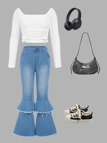 SHEIN Tween Girl Ruched Crop Jacquard Knit Top And Flare Leg Jeans Set With Exaggerated Ruffle Hem - Medium Wash - View 1