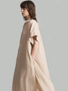 Ontre 女士夏季純色釦扣蝙蝠短袖寬鬆連衣裙 - 卡其色 - 查看 6