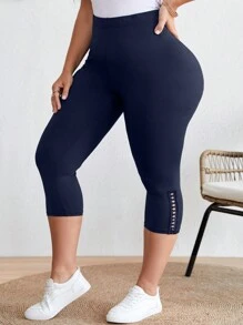 SHEIN LUNE Leggings décontractés écourtés pour femmes de grande taille, unicolores, bordure en dentelle et pieds à jointures - Bleu marine - Voir 4