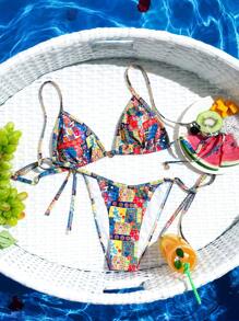 SHEIN Swim Women Triangle Bikini Top And Strap Swim Bottom Set(Random Print) Summer - Multicolor - View 3