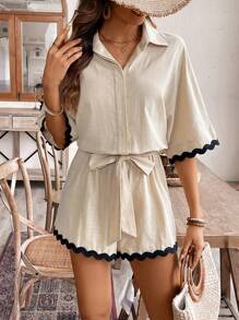 SHEIN Frenchy 女式拼色贝壳边编织腰带细节连体裤，女式休闲假日拼色波浪边连体裤，教师服装，7 月 4 日服装，商务休闲女装，7 月 4 日服装，老钱风格，音乐会女装，秋装，工作服，海滩女装，老钱风格，返校服装 - 彩色 - 查看 8