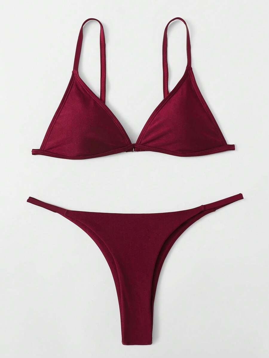 SHEIN Swim Women's Solid Color Sexy Bikini Set For Summer Beach, Two-Piece Bikini Set - Burgundy - View 1