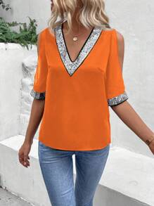 SHEIN LUNE Women Fashionable V-Neck Shirt With Shoulder-Baring And Sequin Decoration - Orange - View 3