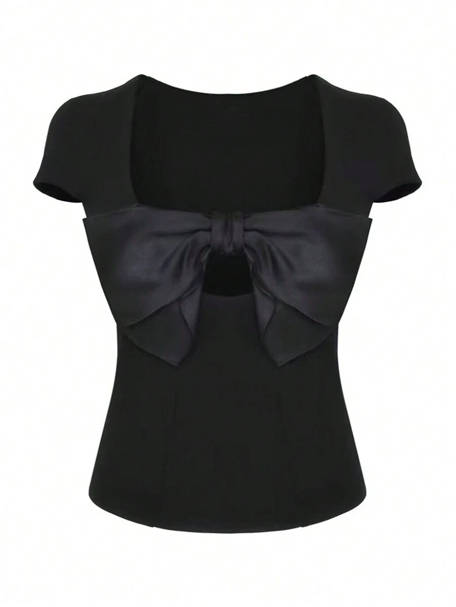 SHEIN Unity Women's Summer Solid Color U-Neck Slim Fit T-Shirt With Hollowed-Out Bow - Black - View 1