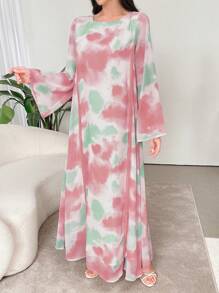 Al Najma Vestido largo árabe elegante para mujeres con cuello redondo y manga larga con estampado de corbata - Rosa - Ver 8