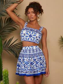 Travachic Conjunto de crop top tejido y falda estampada para vacaciones