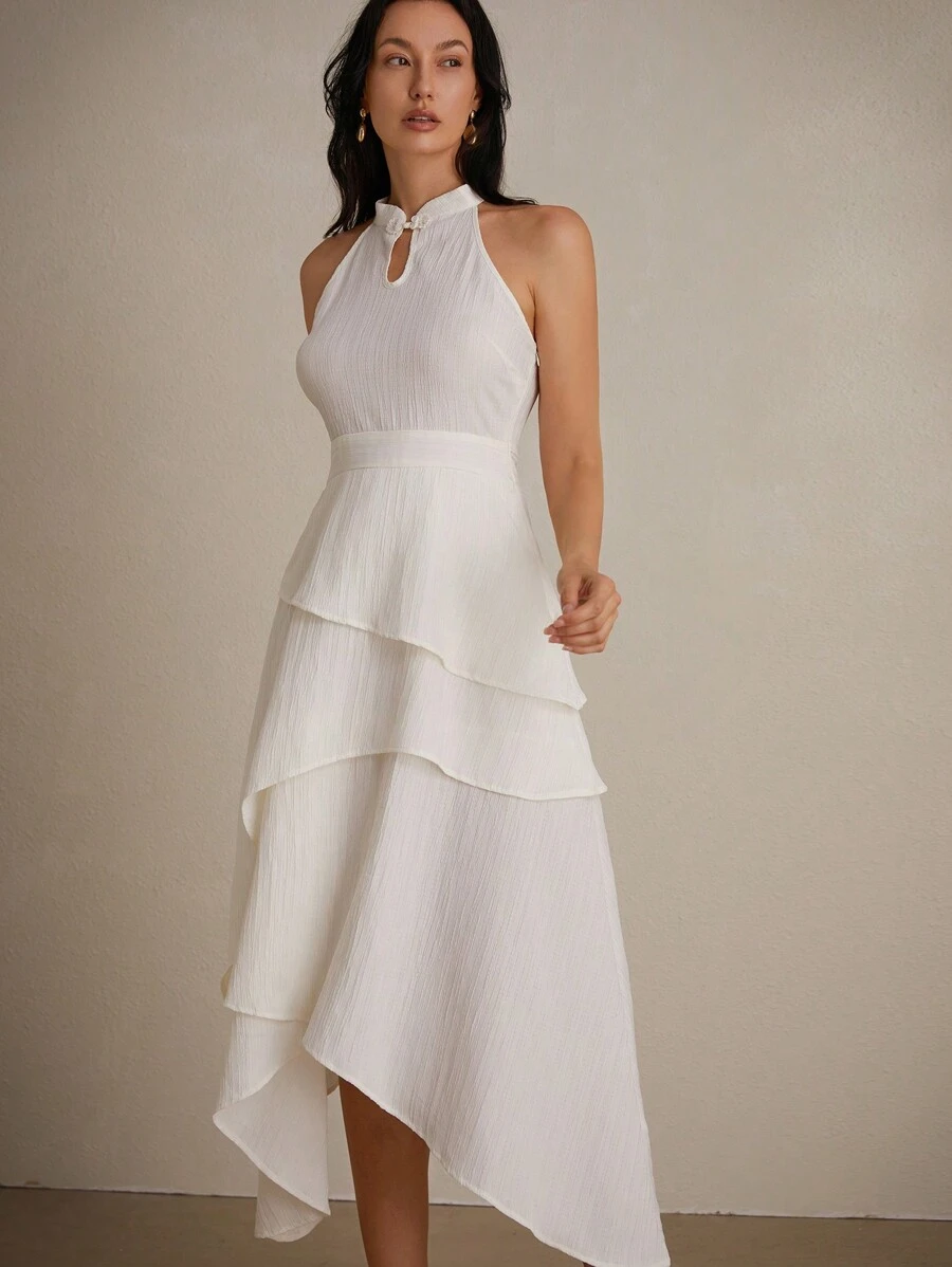 Aveloria Modichic Plain Minimalist Chinese Style 3D Textured Fabric Mandarin Collar Sleeveless Asymmetrical Layered Ruffle Hem Long Dress - Beige - View 1