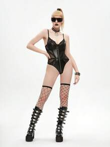 蕾絲拼接拉鏈開襟鋼圈性感緊身連體衣 - 黑色 - 查看 3