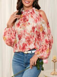 SHEIN Clasi Blusa elegante de estilo de los años 70 con hombros descubiertos y mangas farol con estampado floral para mujeres, otoño de vuelta al colegio para maestras, ropa de primavera/verano con estilo vintage