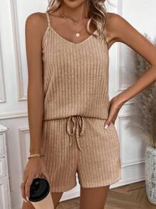 EMERY ROSE Women's Solid Ribbed Camisole Tank Top And Knotted Belt Pocket Shorts Summer Casual 2pcs Set