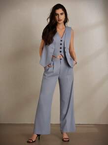 Aveloria Modichic 3pcs Lady's Summer Commuting Style Solid Color Suit Set For Work, Including Jacket, Vest And Pants - Grey - View 1