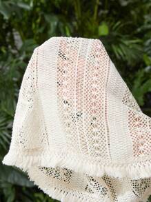 SHEIN Young Girl Knitted Solid Color Hollow Out Fringed Tank Top, Perfect For Summer Vacation - Apricot - View 6