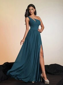 Smilprince 纯色不对称领口开叉大腿无袖 A 字腰部迷人别致法式雪纺晚礼服优雅伴娘礼服 - 藏蓝色 - 查看 6