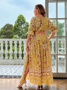 Breezaya Plus Size Floral Print Vacation Casual Tie-Front Crop Top With Side Slit Skirt Set