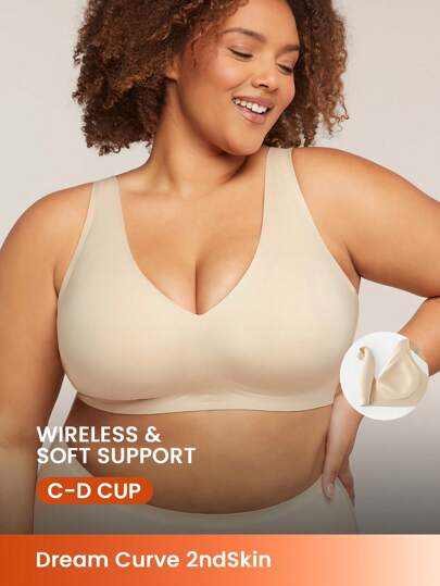 LUVLETTE Plus Dream Curve 2ndSkin Nude Wireless Seamless Plunge Lounge No Show T-Shirt Sticky Basic SizeFreedom Bra Comfortable Must-Haves Also Suitable For Teen Girl & Young & Kid