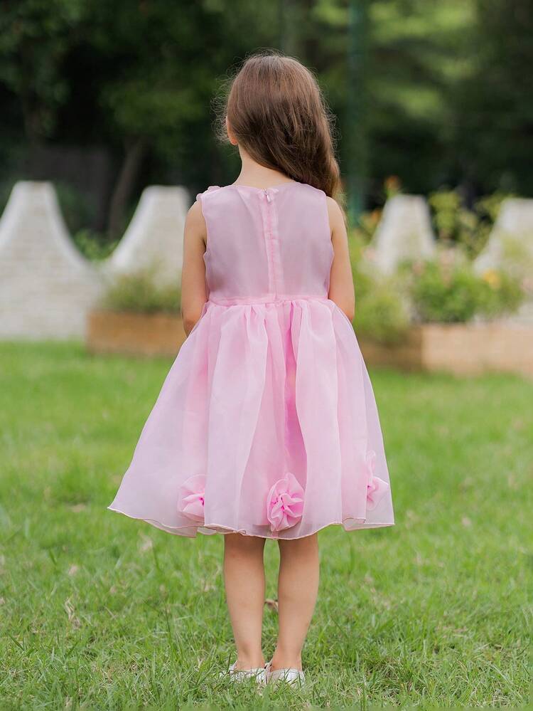 Young Girl 3D Decorated Flower Round Neck Solid Color Sleeveless Summer Dress
