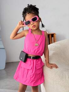 SHEIN Young Girls Solid Color Thick Shoulder Strap Vest And Belted Skirt, Summer Casual 2pcs Outfit