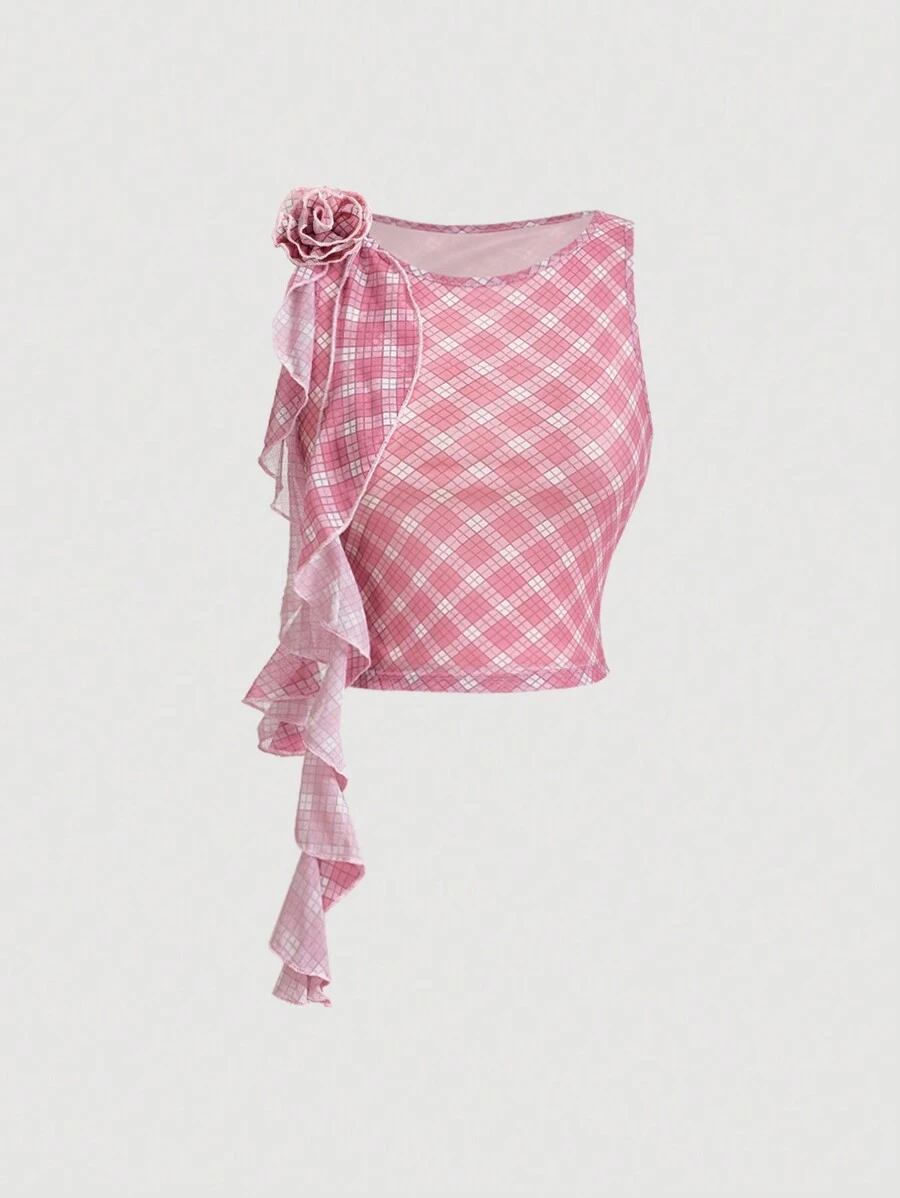 SHEIN MOD 女款圓領紫色格紋花邊流蘇束帶背心上衣，粉色背心上衣，可愛背心上衣，旅行必備的背心上衣 - 彩色 - 查看 1