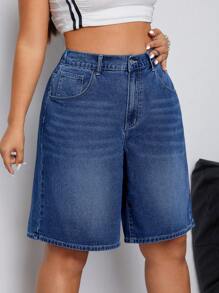 SHEIN EZwear Plus Size Women's Wide Leg Bermuda Denim Shorts With Pockets - Blue - View 3
