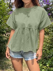 SHEIN EZwear Summer Casual Solid Color Ruffle Hem Shirt - Mint Green - View 4