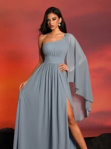 New Arrival High-End Elegant Solid Color Asymmetric Collar Split Thigh Formal Evening Dress For Cocktail Parties - Grey - View 5