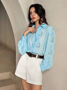 Anewsta Lapel Long Sleeve Hollow Embroidery Casual Shirt - Mint Blue - View 6
