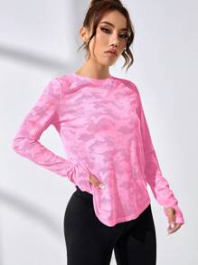 SHEIN Sport Studio Damen T-Shirt mit Tarnmuster und kreuzförmigem Rückenausschnitt und Langarm für Fitness Workout