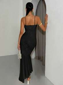 SHEIN BAE Mùa Hè Nữ Màu Trơn Dây Phối Ren Đuôi Cá Lễ Tốt Nghiệp Đầm Cưới Cô Dâu - màu đen - Xem 2