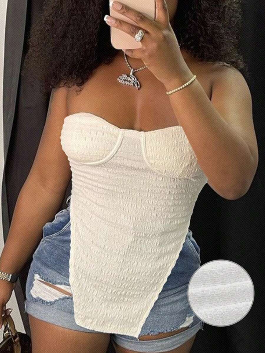 Slaydiva Casual White Asymmetrical Tube Top - White - View 1