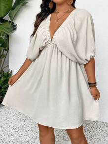 SHEIN Frenchy Thoải mái Tay Phồng Dài Trung Bình Chữ A Plus Kích Thước Kỳ Nghỉ Thường Ngày Đầm Ngắn Váy Mùa Hè Nữ - Màu be - Xem 3