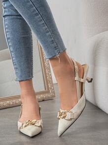 Damen Vintage Blumen Design High Heel Pumps mit Ketten Dekoration, spitzer Zehenbereich, Stilettoabsätze, Kleiderschuhe mit Knöchelriemen und eleganter weiß/beiger Farbe, geeignet für Frühling, Herbst, Outdoor, Alltag und Partys, elegant, Partyoutfits, Kitten Heels - Beige - Übersicht 8
