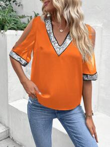 SHEIN LUNE Women Fashionable V-Neck Shirt With Shoulder-Baring And Sequin Decoration - Orange - View 1
