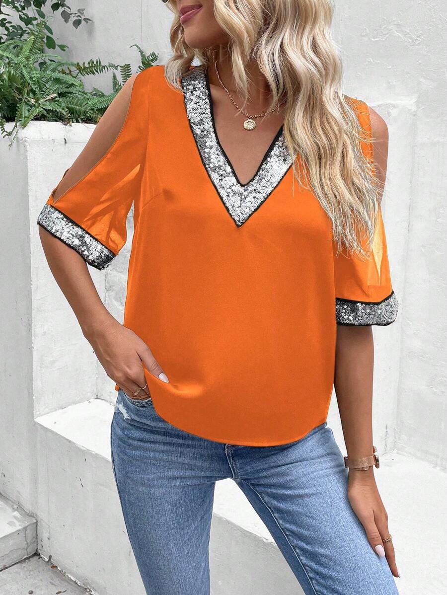 SHEIN LUNE Women Fashionable V-Neck Shirt With Shoulder-Baring And Sequin Decoration - Orange - View 1
