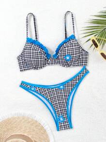 SHEIN Swim Ladies' Summer Beach Plaid Ruffle Edge Sexy Bikini Set (With Underwire) - Multicolor - View 8