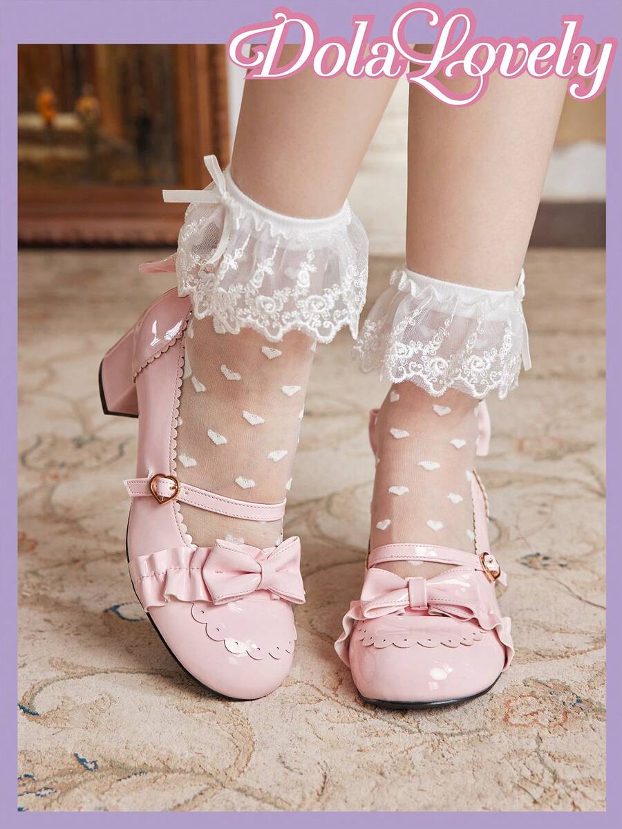 Dola Lovely Ladies' Solid Color Simple Daily High Heel Shoes With Bow Decoration - Pink - View 1