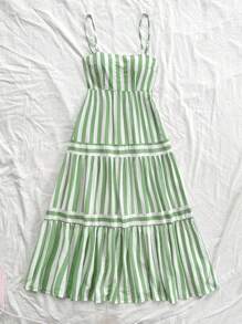 Soleia Women's Green & White Striped A-Line Dress, Suitable For Weddings, Beach, Music Festivals, Summer Bohemian Style Camisole Dress - Multicolor - View 4